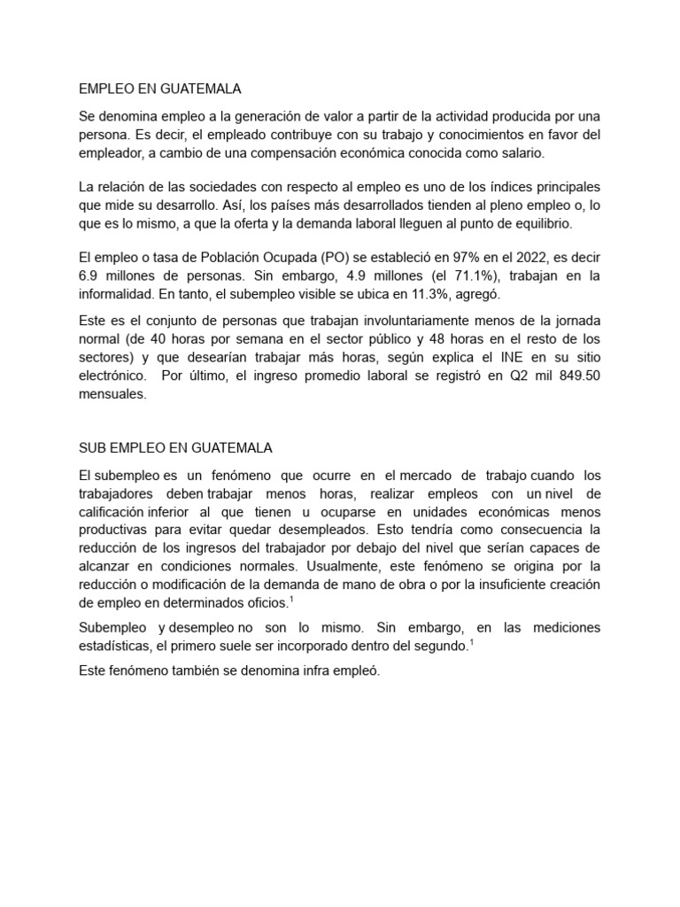 Empleo y Subempleo en Guatemala 2022 | PDF