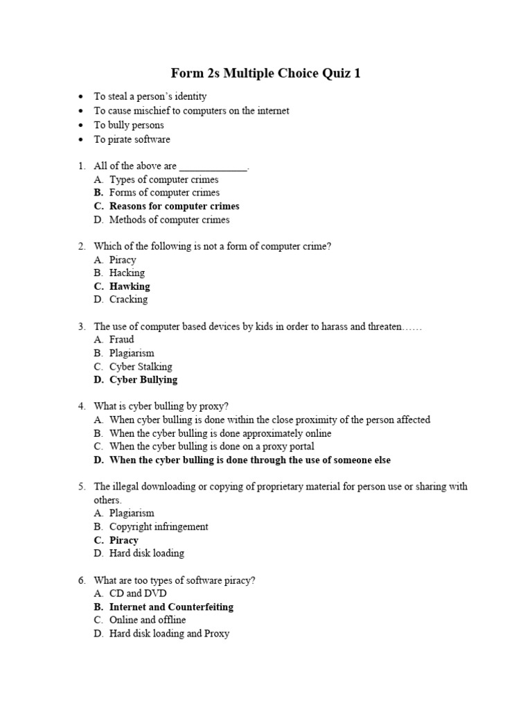 Form 2s multiple choice quiz 1 computer ethics pdf