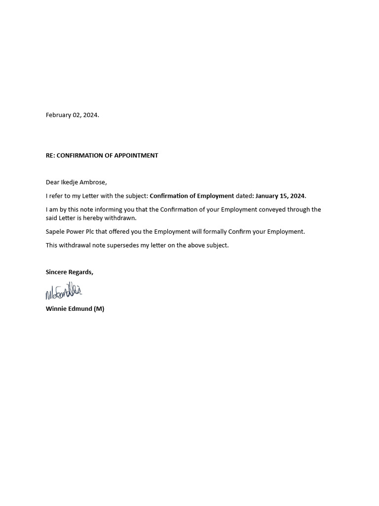 Employment Confirmation Withdrawal Notice | PDF