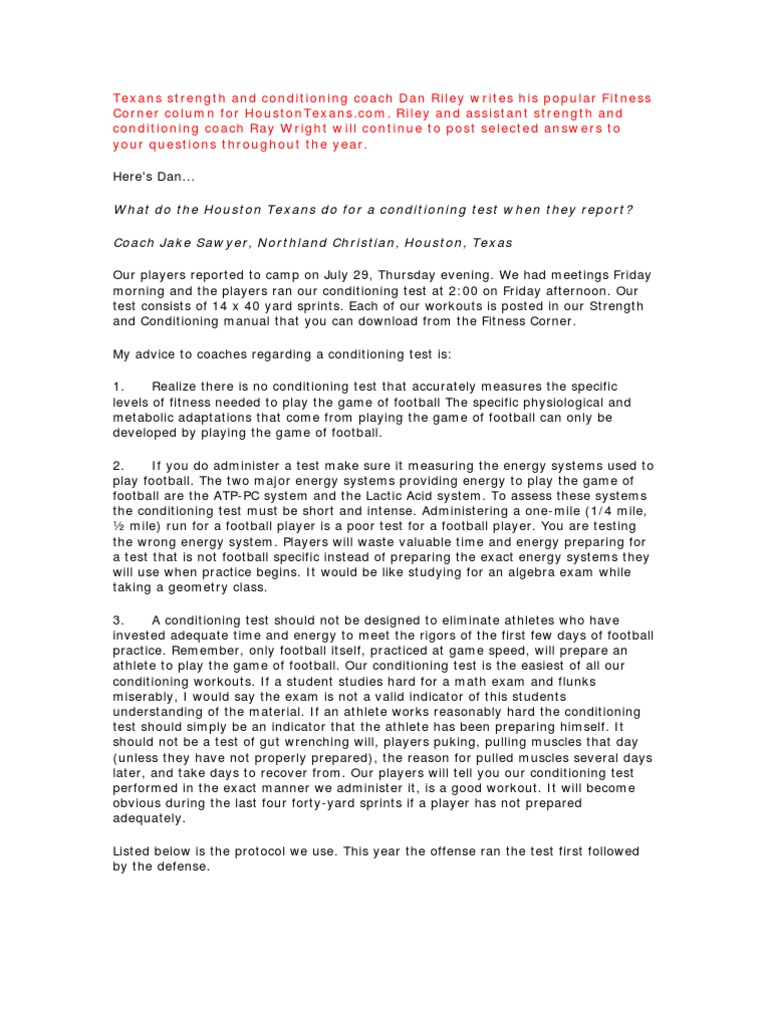 What Do The Houston Texans Do For A Conditioning Test When They Report