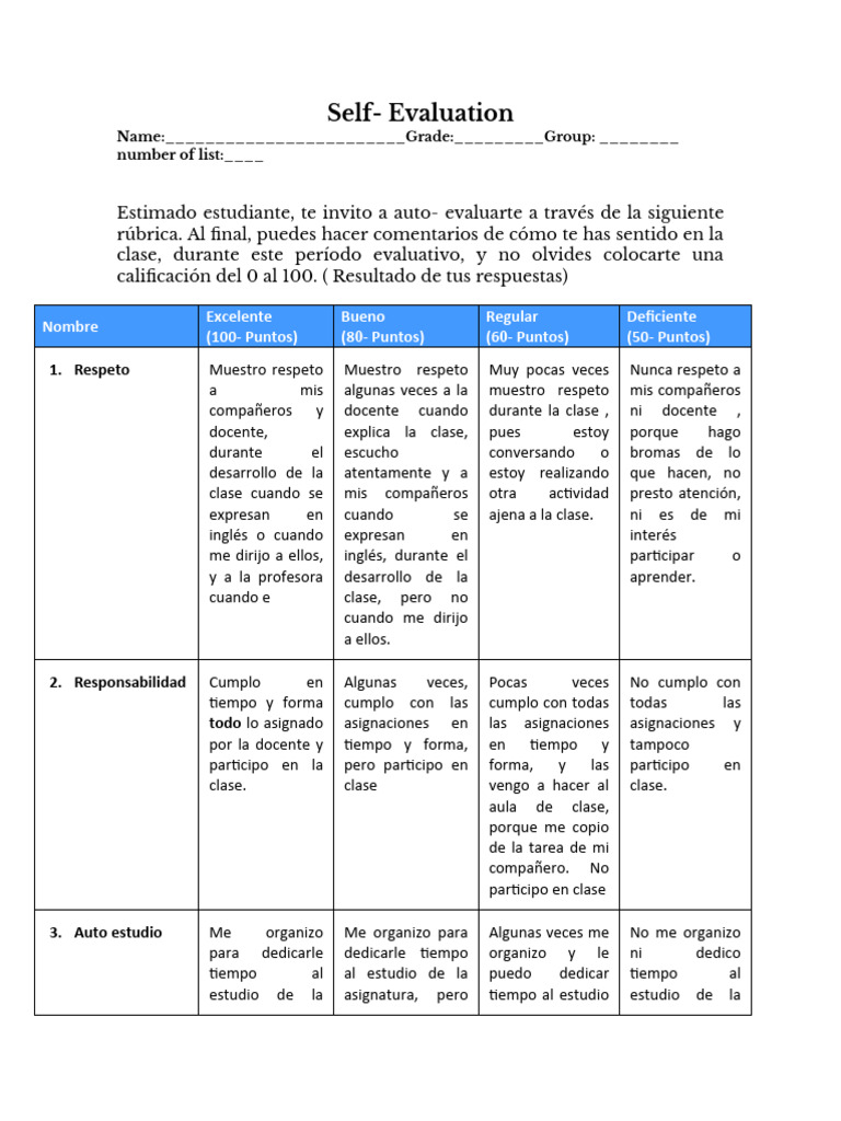 Self Evaluation Pdf