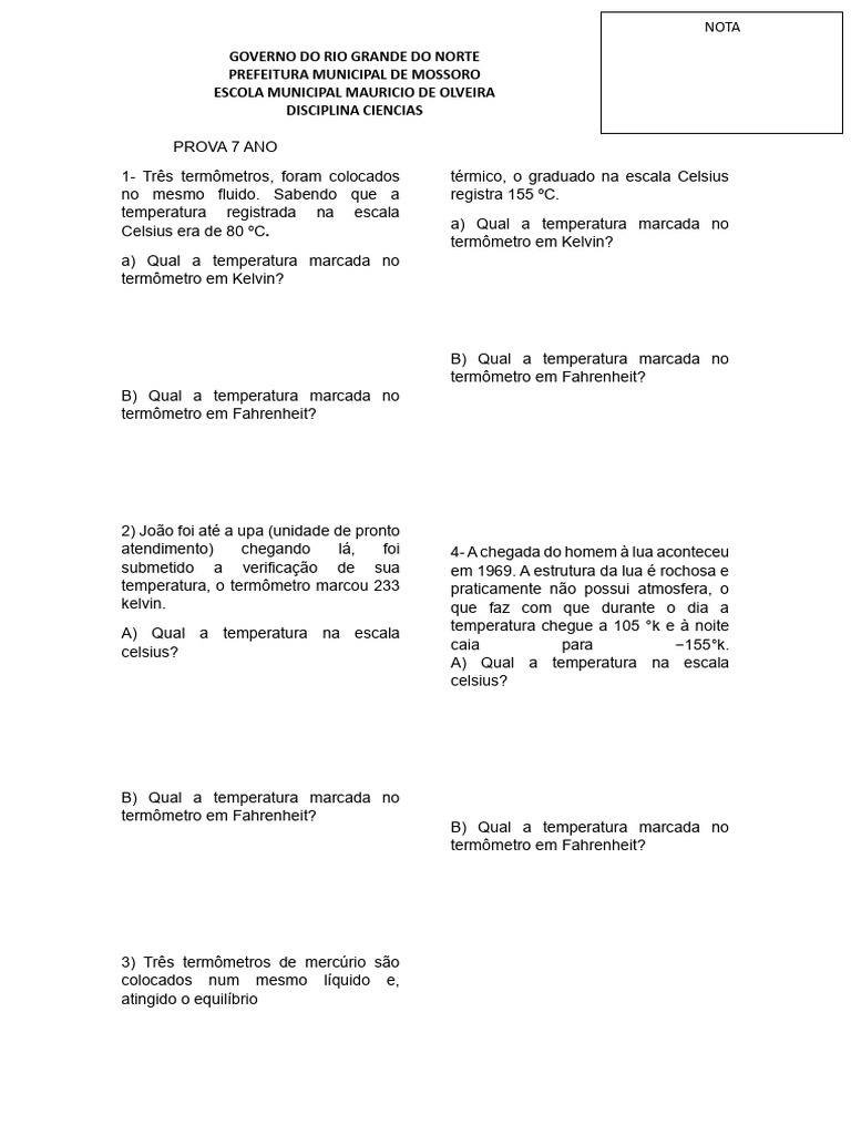 Prova 7 Ano Modelo 1 | PDF | Calor | Temperatura