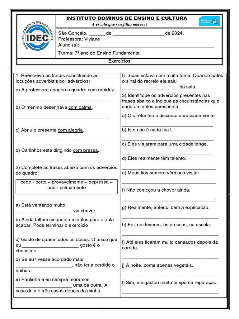 Exercícios de Advérbios para 7º Ano | PDF | Advérbio