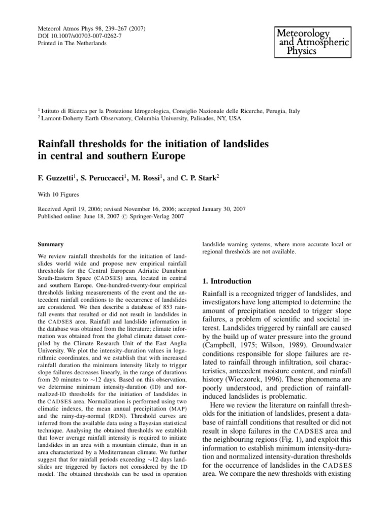 Rainfall Thresholds For The Initiation of Landslides in Central and ...