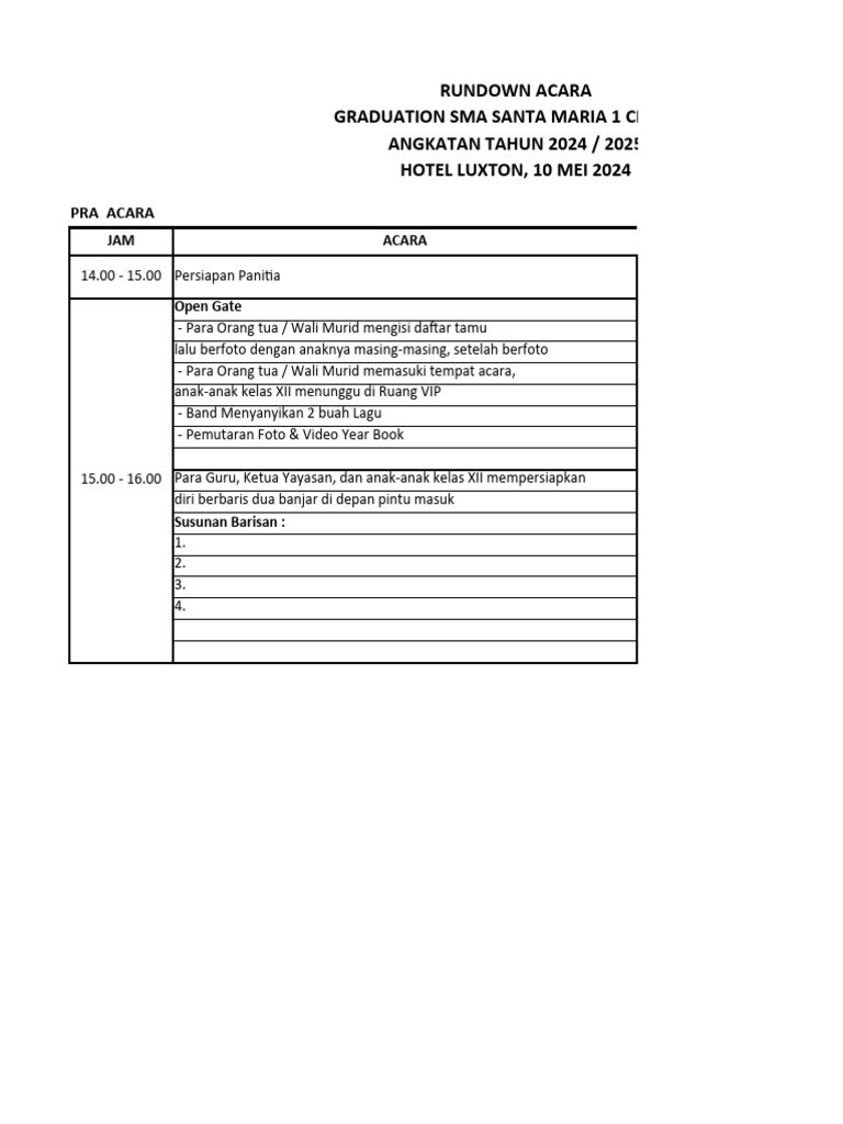 Rundown Graduation SMA Santa Maria 2024 | PDF