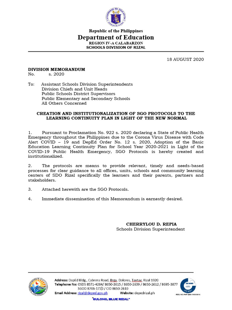 Aug 17 - DM S. 2020 CREATION and INSTITUTIONALIZATION OF SGO PROTOCOLS ...
