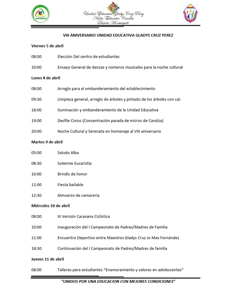 Actividades del viii aniversario de la u e 2024 pdf