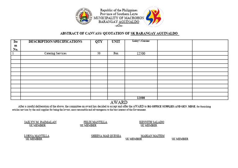 Abstract of Canvass/ Quotation of SK Barangay Aguinaldo Ite M No ...