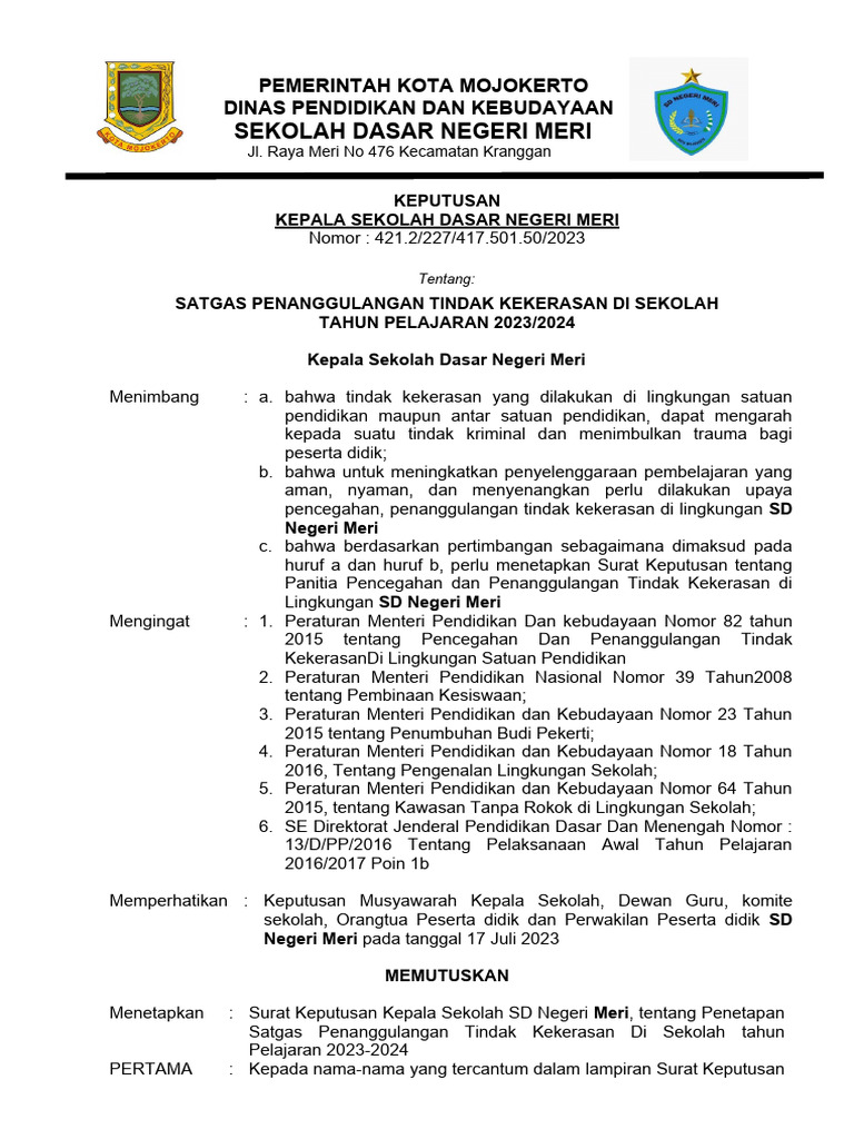 Satgas Penanggulangan Kekerasan SD Meri | PDF