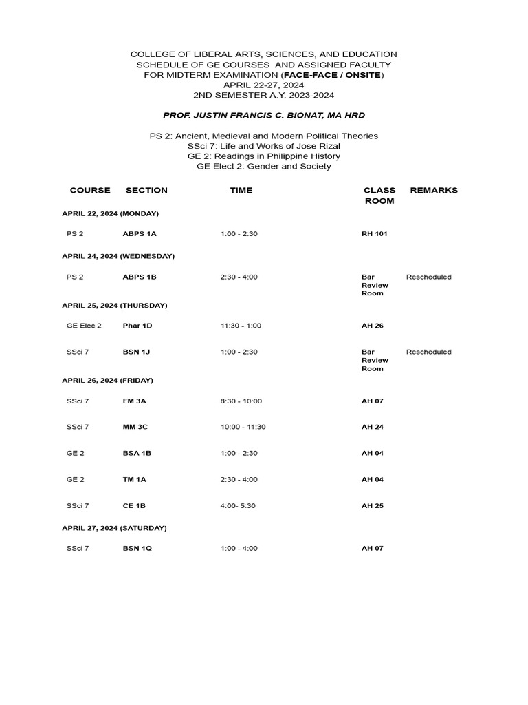 Exam Schedule Ge Subjects PDF