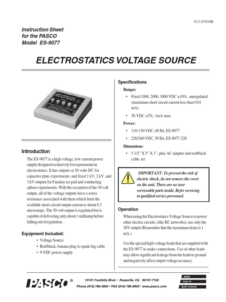 Electrostatics Voltage Source Manual Pdf High Voltage Voltage