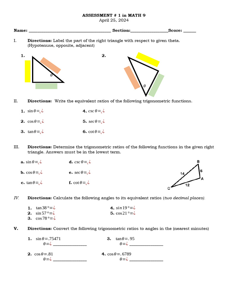 Trigonometry Assessment for Math 9 | PDF | Trigonometry | Euclidean ...