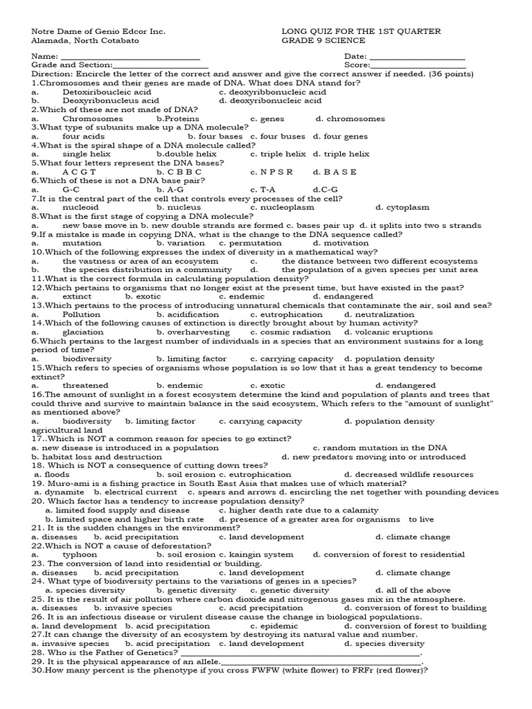Long Quiz Grade 9 Pdf Biodiversity Dna