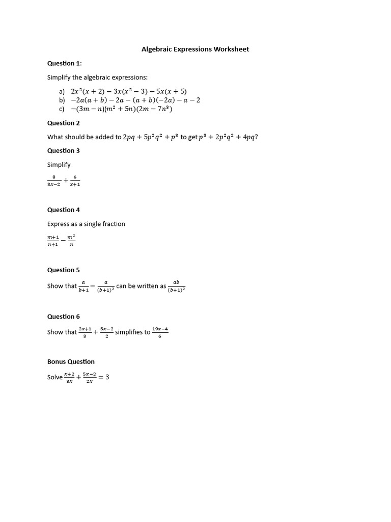 Algebraic Expressions Worksheet 1 | PDF