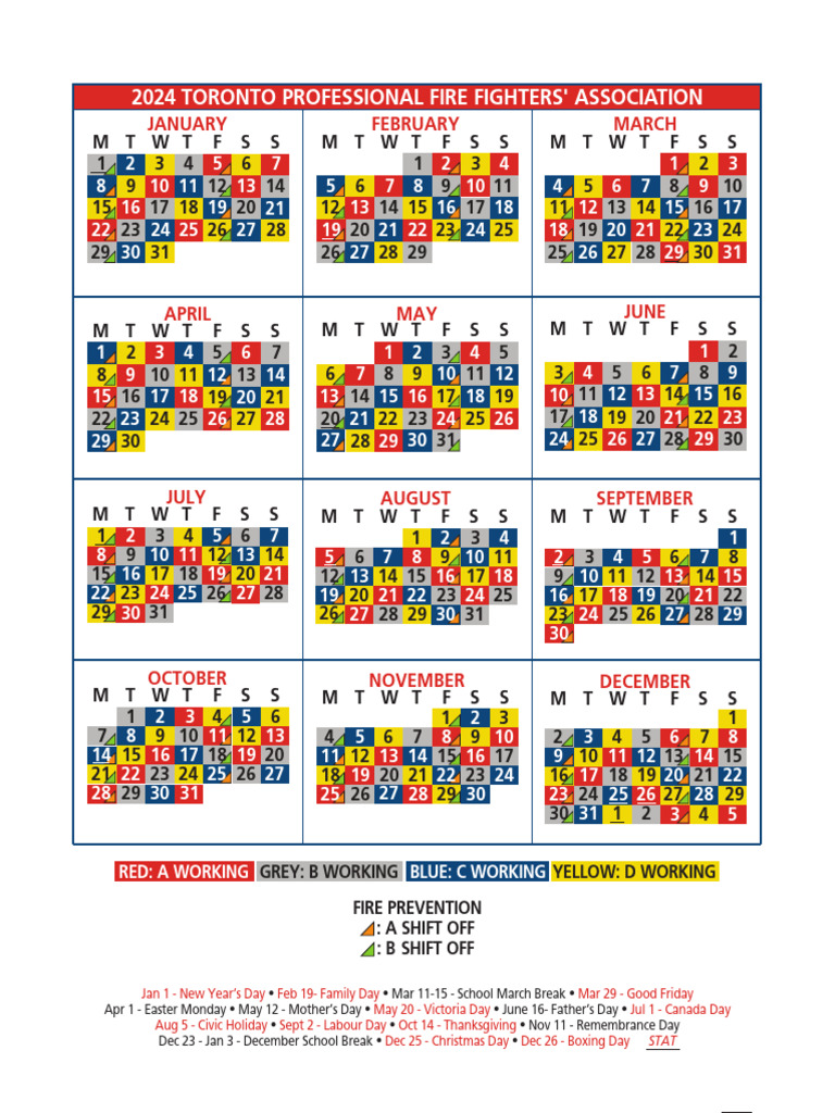 Toronto Firefighters Shift Calendar OPS 2024 8.5x11 Download Free PDF