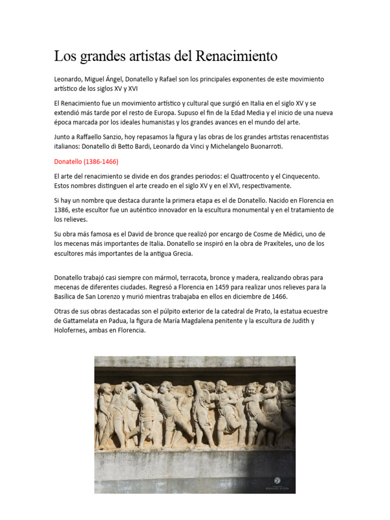 Artistas Destacados del Renacimiento | PDF | Miguel Ángel | Renacimiento