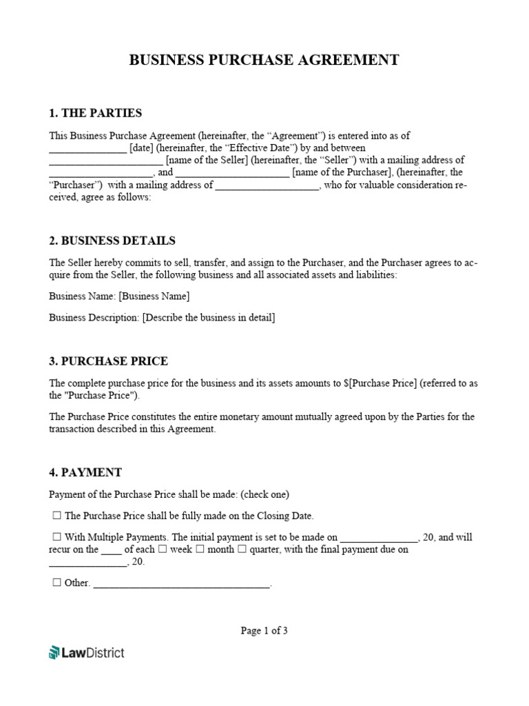 Business Purchase Agreement Template Download Free PDF Payments