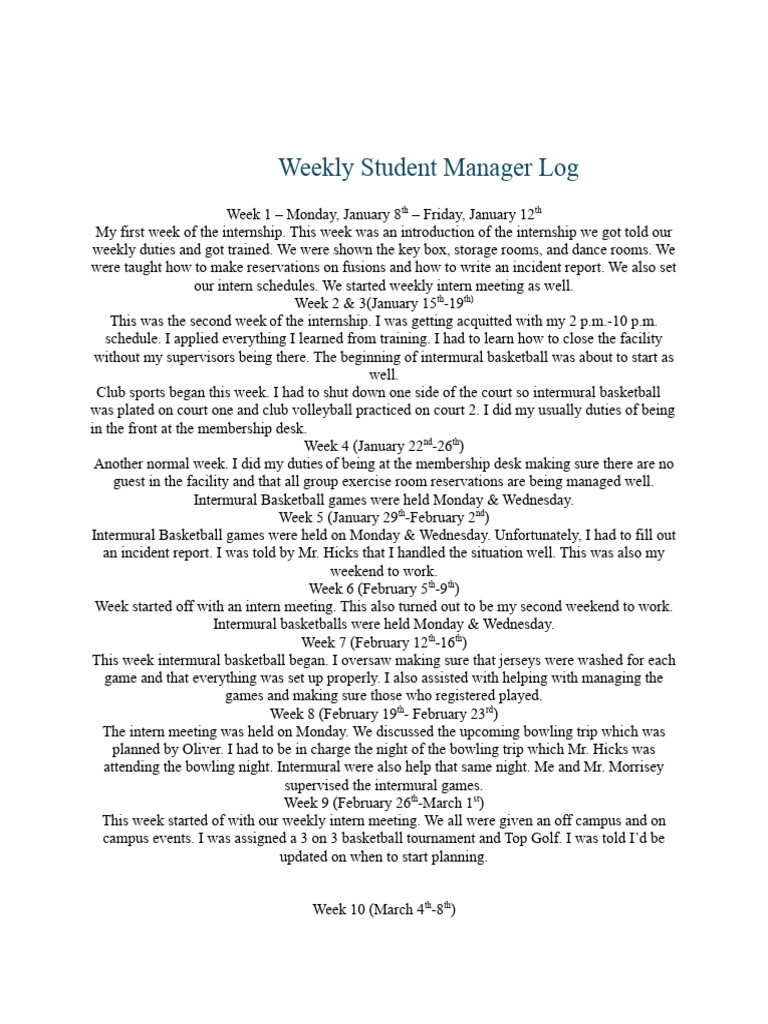 Weekly student manager log pdf