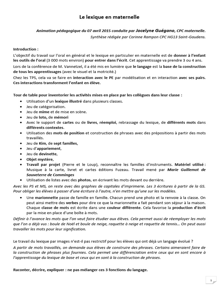 Lexique et jeux en maternelle | PDF | Lexique | Linguistique