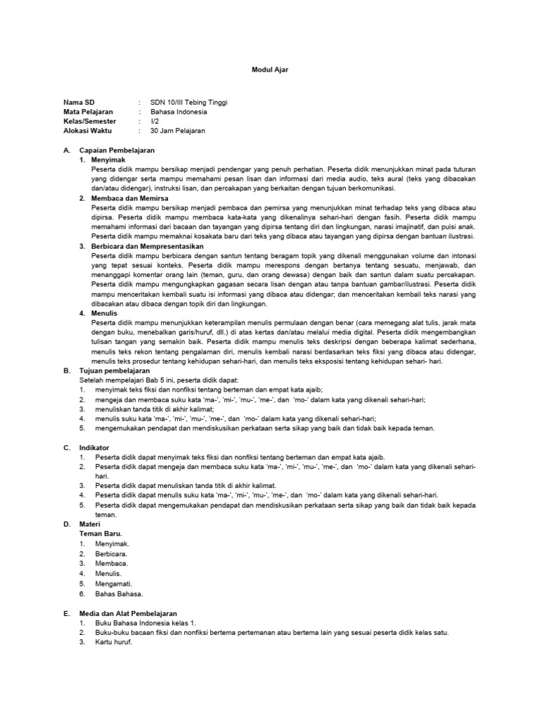 Modul Ajar Bahasa Indonesia Kelas 1 Bab 5 | PDF