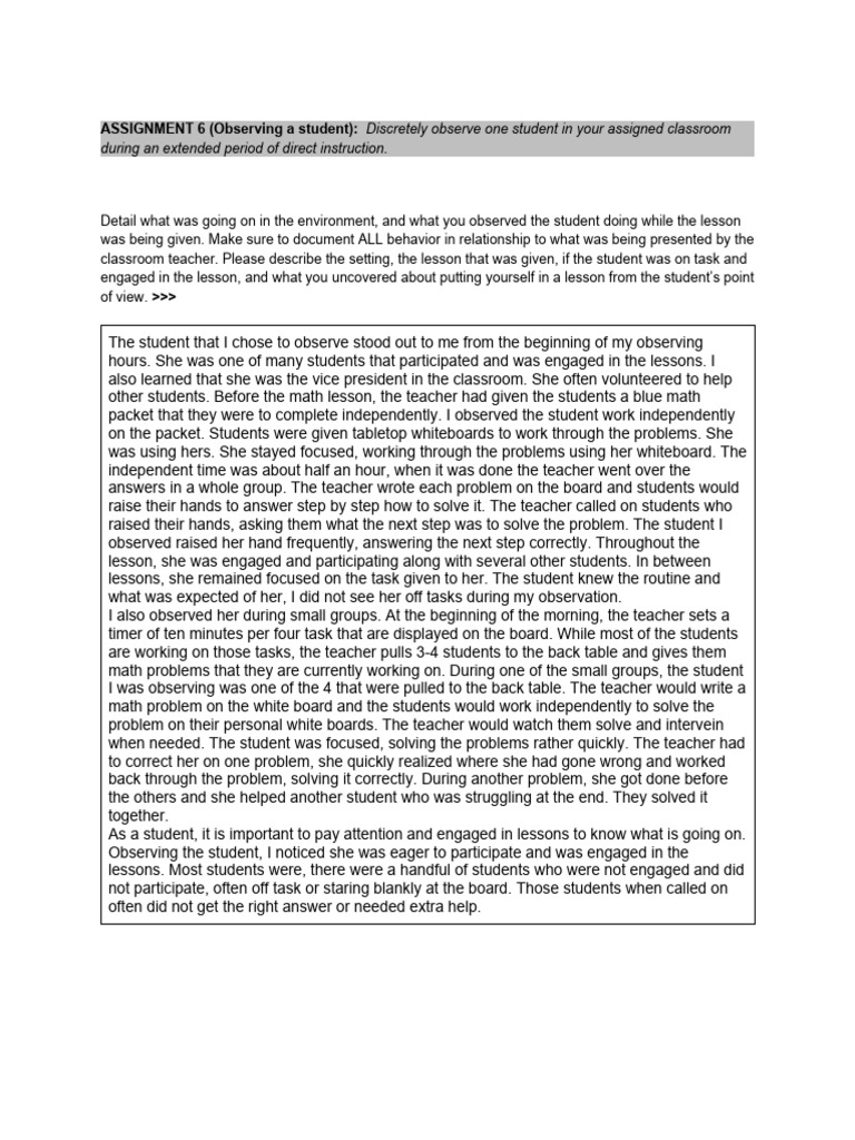Assignment 6 Observing A Student - 2 | PDF | Teachers | Behaviorism