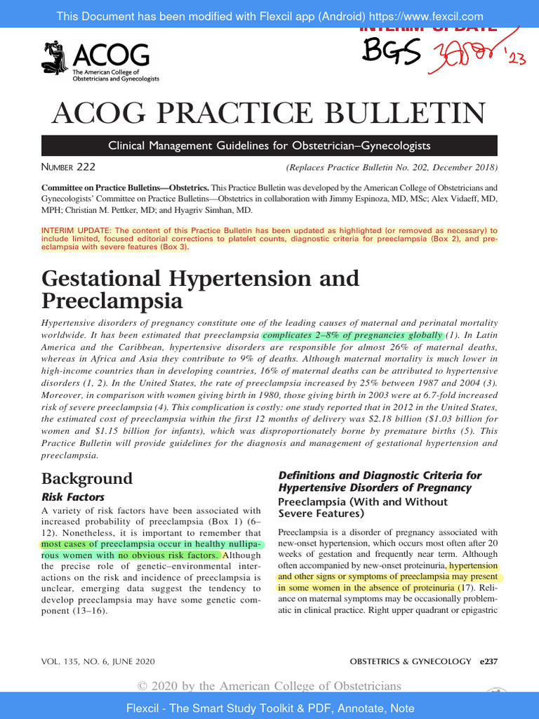 Gestational Hypertension and Preeclampsia ACOG Practice Bulletin ...