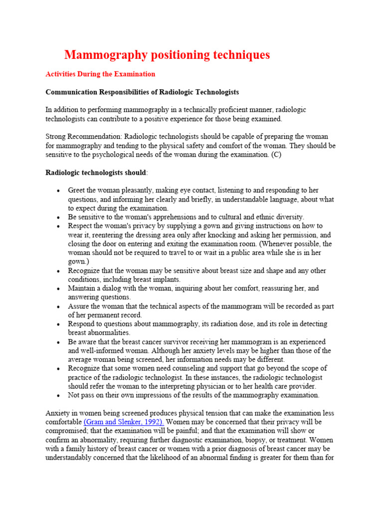 Mammography Positioning & Patient Care | PDF | Mammography | Breast Cancer