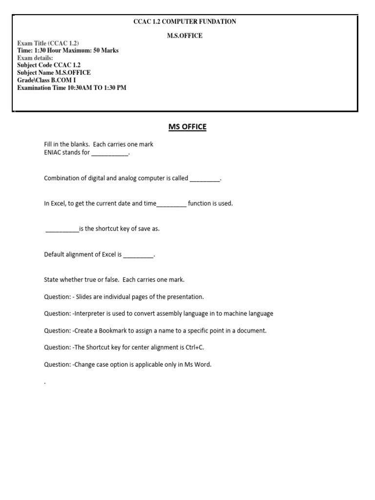 Ccac 1.2 Computer Fundation Final Exam | PDF | Microsoft Excel ...