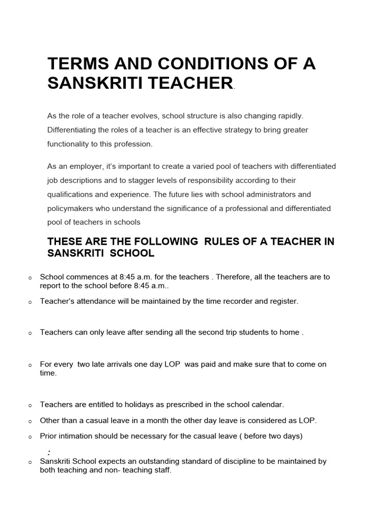 Terms and Conditions of A Sanskriti Teacher | PDF | Teachers