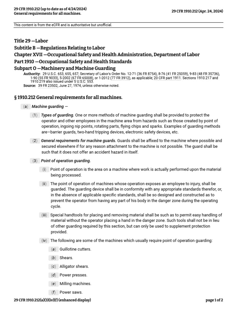OSHA Machine Guarding Standards | PDF | Code Of Federal Regulations ...
