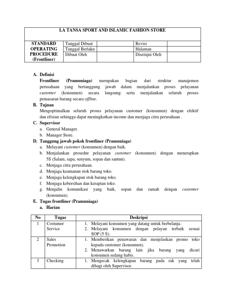SOP Tugas Frontliner Toko HP | PDF