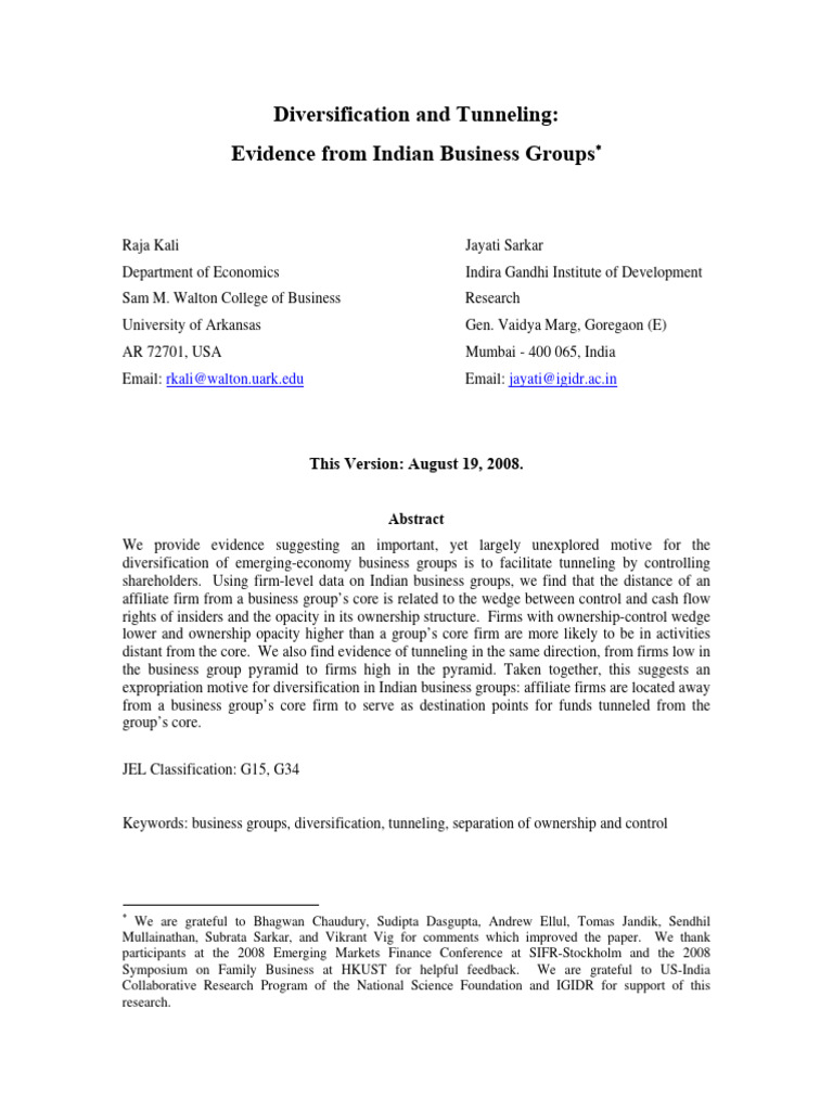 Diversification and Tunneling Evidence From Indian Business Groups
