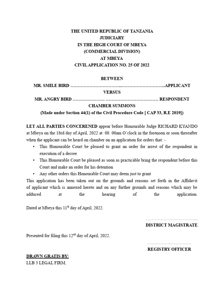Chamber Summons for Arrest Order | PDF
