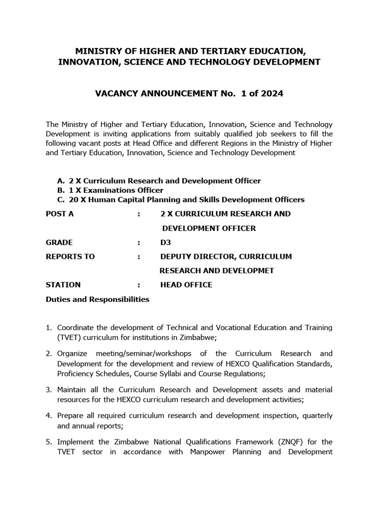 Mhte January 2024 Advert Head Office | PDF | Vocational Education ...