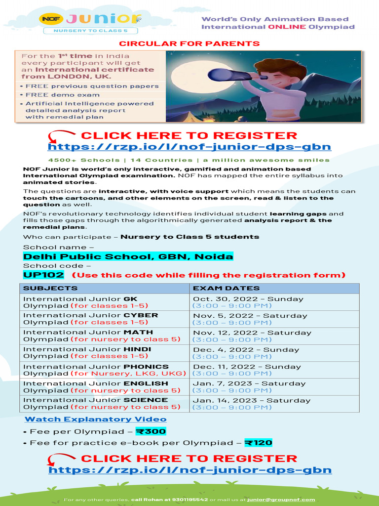 Nursery to class 5 nof olympiad circular delhi public school gbn