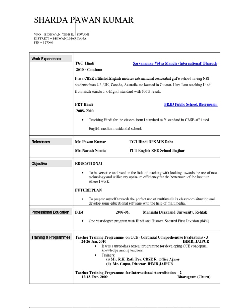 Resume Resume For Hindi Teacher resume sharda for hindi teacher teachers schools