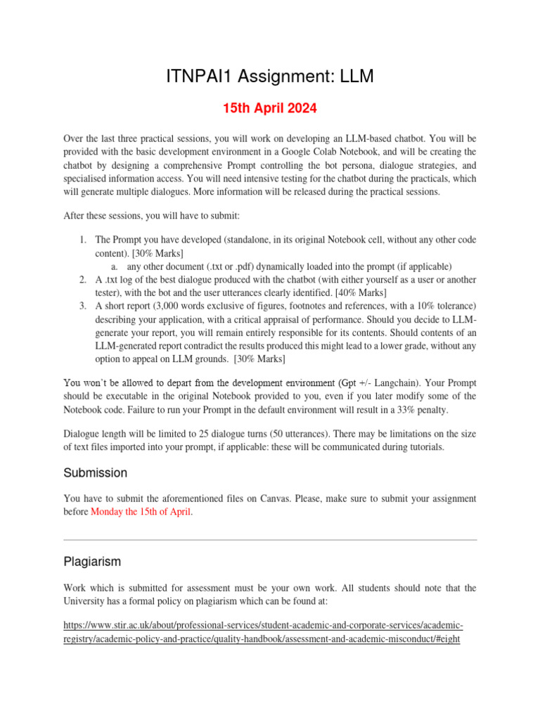 LLM Chatbot Development Assignment | PDF | Plagiarism | Academic Dishonesty