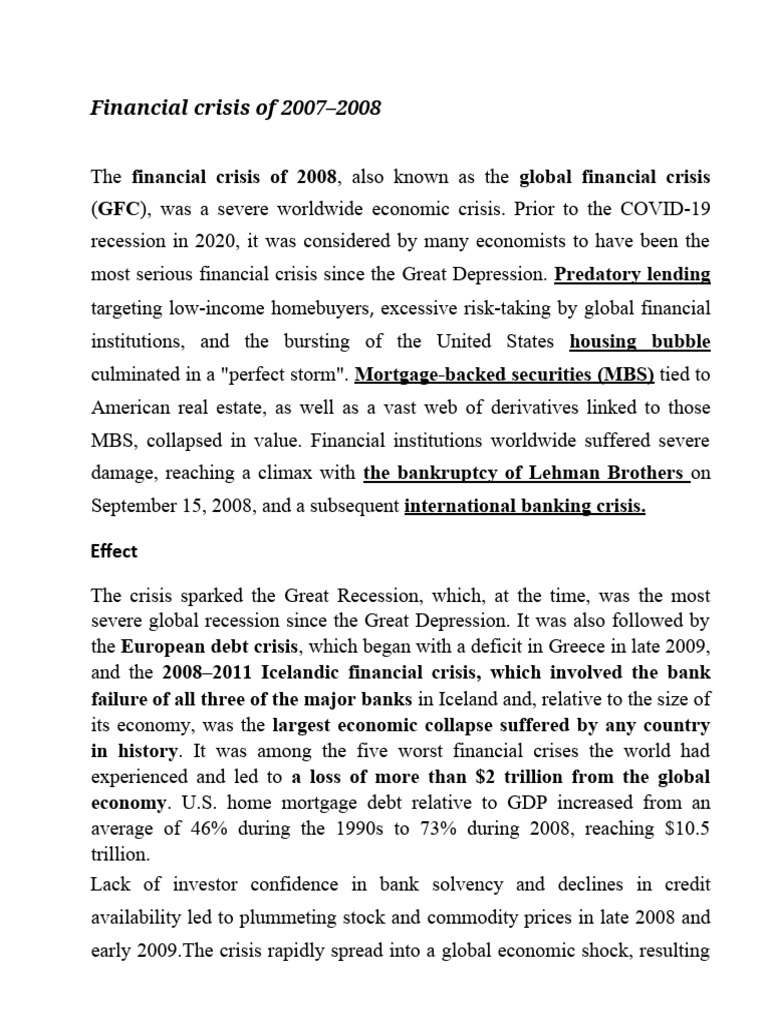 Causes and Impact of the 2008 Financial Crisis | PDF | Mortgages ...