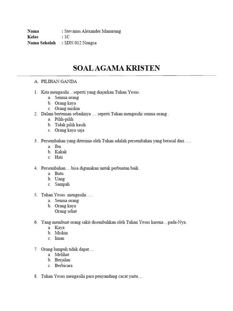 Soal Sas1 Kelas Agama Kristen Kelas 1 Sd Ganjil Pdf