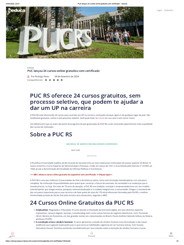 PUC Lançou 24 Cursos Online Gratuitos Com Certificado - Veduca | PDF