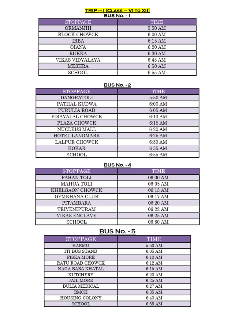 School Bus Schedule for Classes VI-XII | PDF