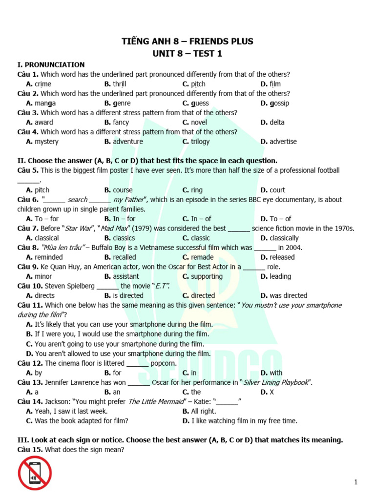 Tieng Anh 8 Friends Plus Unit 8 Test 1 PDF
