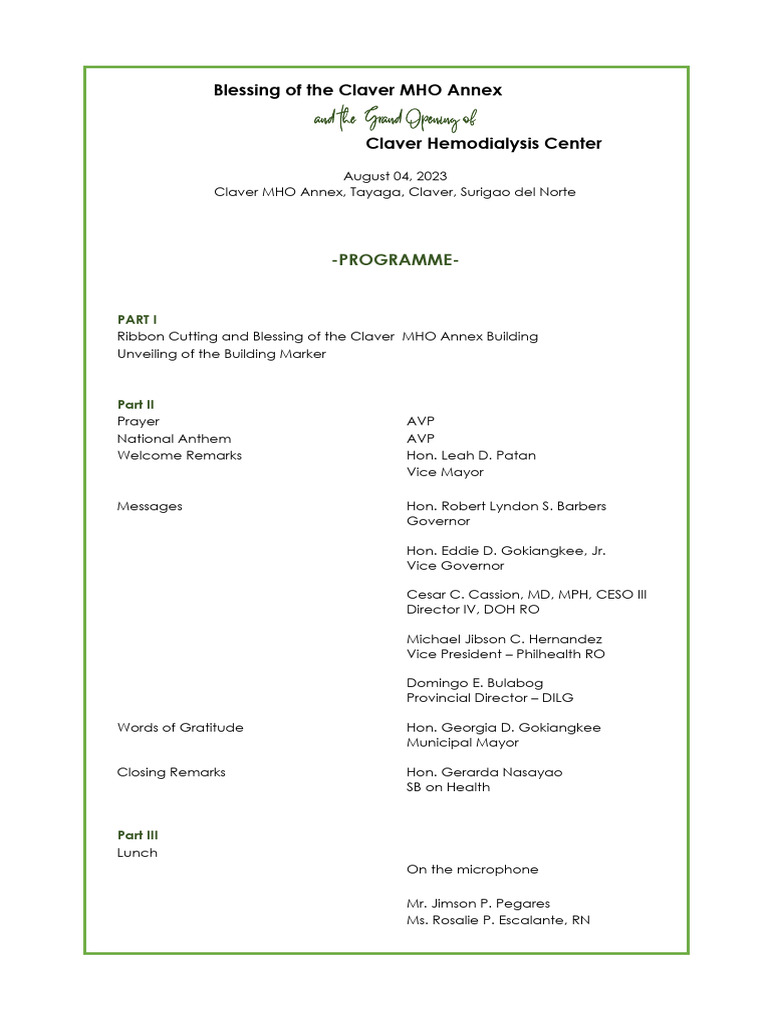 Claver MHO Annex & Hemodialysis Center Opening | PDF