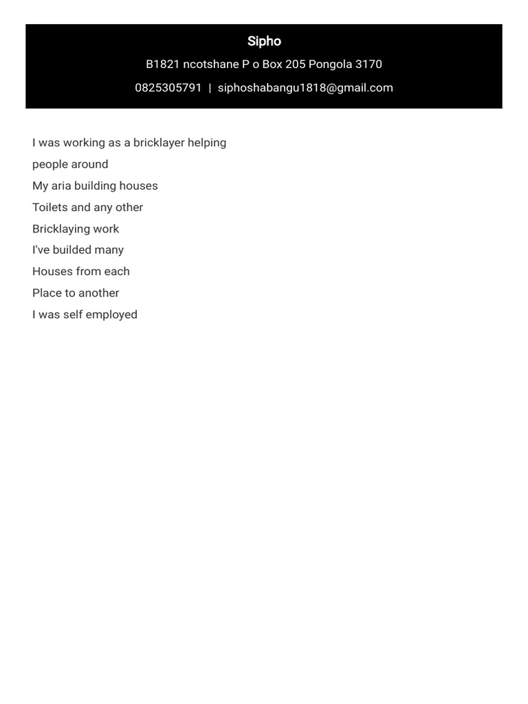 Bricklayer CV of Sipho Shabangu | PDF