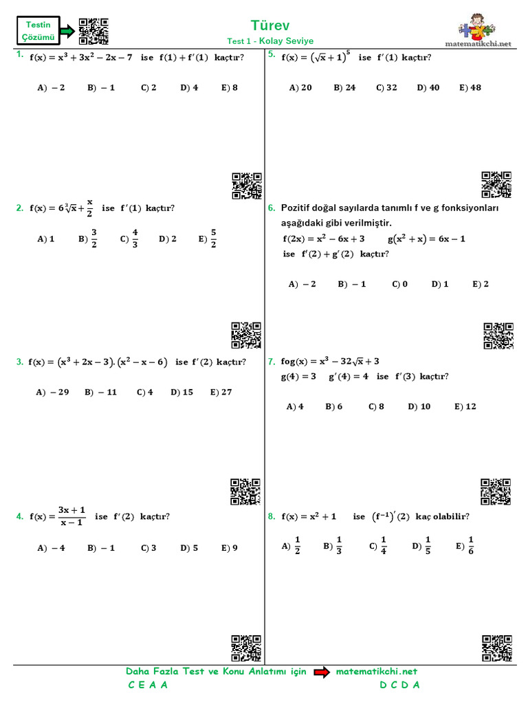 Türev Test 1 K | PDF