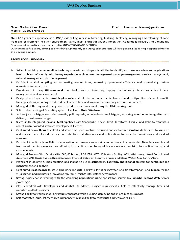 AWS DevOps Engineer Resume Summary | PDF | Amazon Web Services | Cloud ...