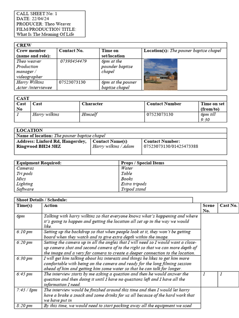 Film Crew Call Sheet | PDF