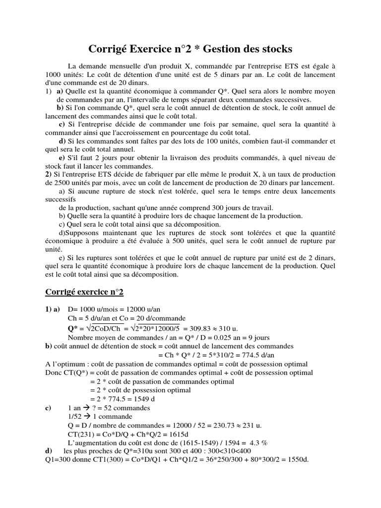 Corrigé Exercice Gestion des Stocks | PDF | Inventaire | Économie