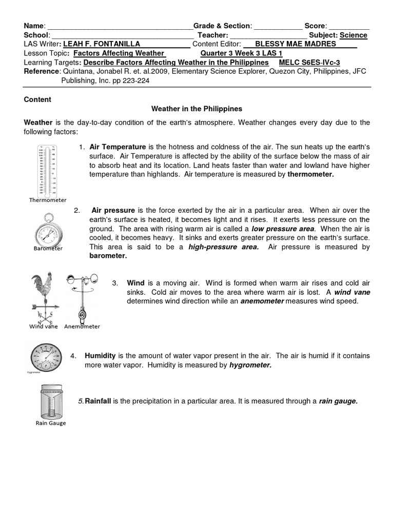Science 6 Week 3 LAS1 | PDF | Atmosphere Of Earth | Humidity