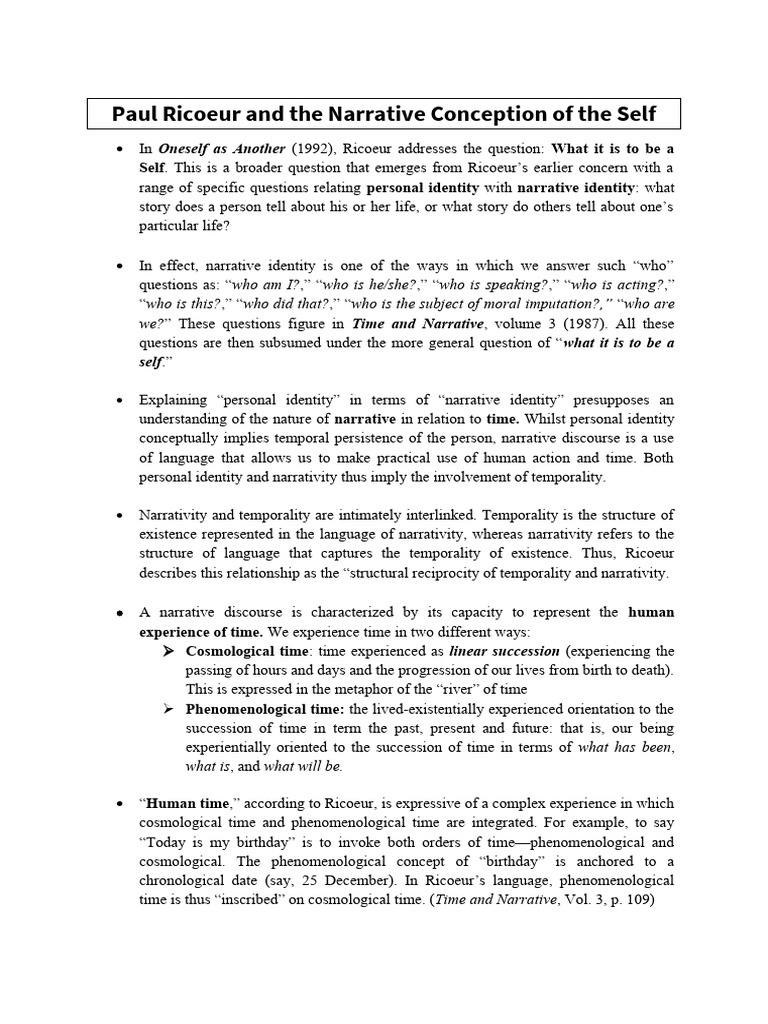 Narrative Selfhood Pdf Self Intention